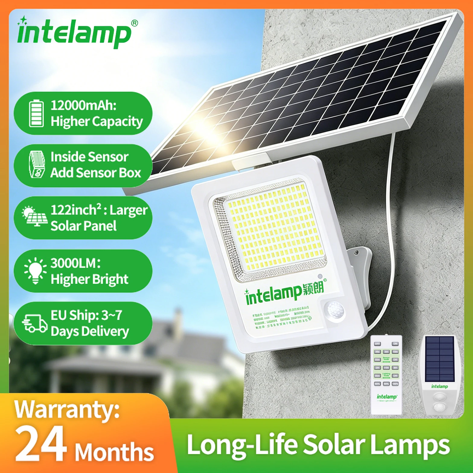 Projecteurs solaires Intelamp 12000mAh 3000LM pour extérieur,IP65,grand panneau solaire,détecteurs de mouvement, lampes de sécurité solaires pour jardin et cour projecteur solaire extérieur lampadaire