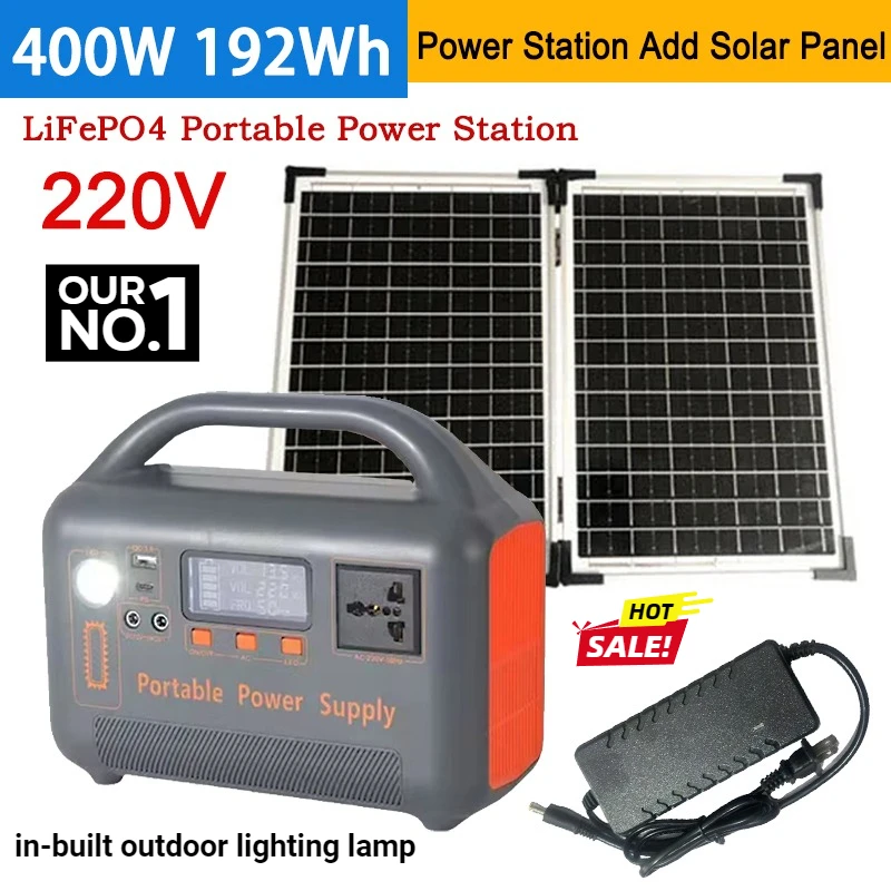 Générateur solaire de centrale électrique Portable 400W, 192wh, batterie LiFePo4, 220v, pour Camping RV, avec chargeur de panneau solaire