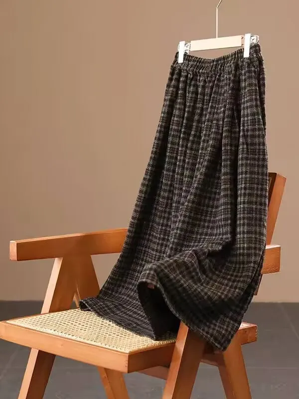 

Художественная юбка А-силуэта с высокой талией в клетку, на резинке, осенне-зимняя женская одежда, повседневная шерстяная юбка стандартного кроя