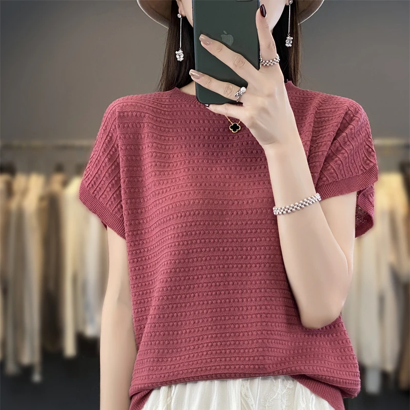 Pure Cotton Off-Shoulder Women'S Short-Sleeve Knitted Loose-Fitting Slim-Fit Thin T-Shirt Stylish Round-Neck Summer Base Shirt