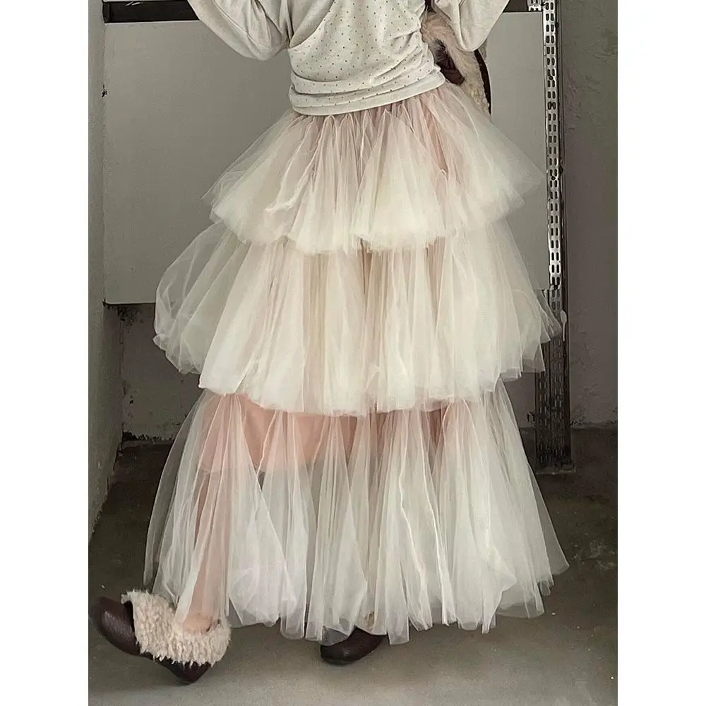 Chic Woman Multi-Layers Mesh Ruffles Cake Skirt Autumn Winter Gauze Ruched Puff A-line Half Skirt Elastic Waist Chiffon Dress