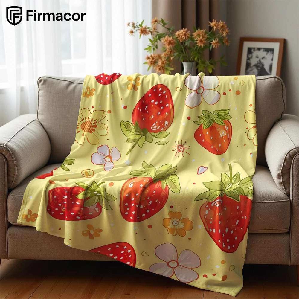 Strawberry Ditsy on Yellow Cartoon Anime Print Flannel Blanket Soft Warm Throw for Kids Bedroom Sofa Bed Christmas Office Car