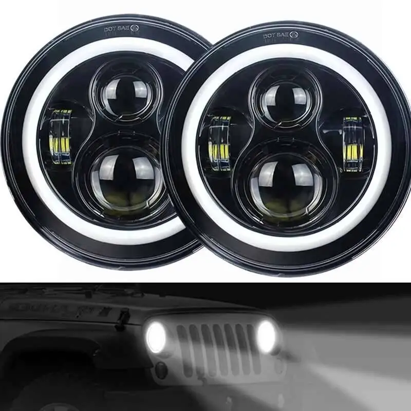 2Xfor Lada Niva 7 인치 Led 헤드 라이트 하이/로우 빔 라이트 헤일로 앵글 아이즈 DRL 헤드 램프 지프 랭글러 오프로드 4X4 스즈키 사무라이