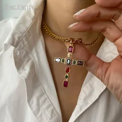 10pcs Gold Color Zircon Cross Choker Catholic Religious Necklace Stainless Steel Chain Christian Gift Women Statement Jewelry