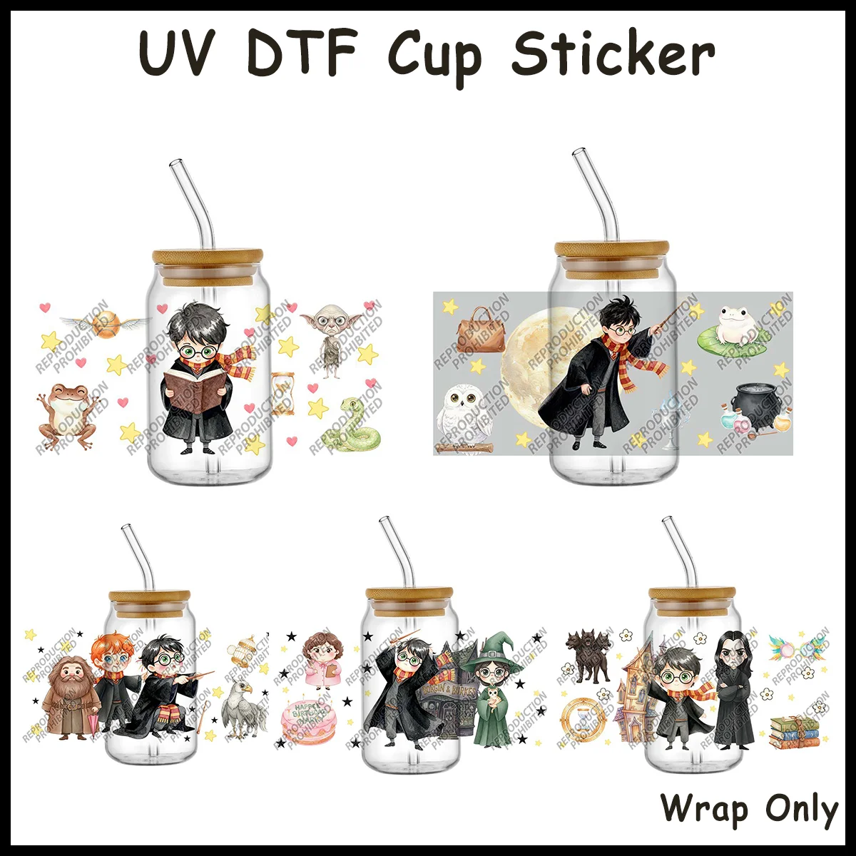 Cartoon-Zauberer-Junge UV-DTF-Becher-Aufkleber für Trinkgläser, Fantasy-Magie-Zauberer-Thema Transferaufkleber für DIY-Becherverzierungen