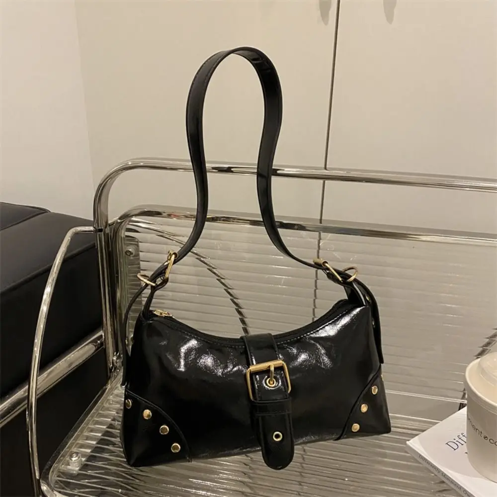 

New Designer Buckle Armpit Bag Y2k Vintage Rivet Shoulder Bag Pu Leather Gothic Spicy Girl Handbag Women