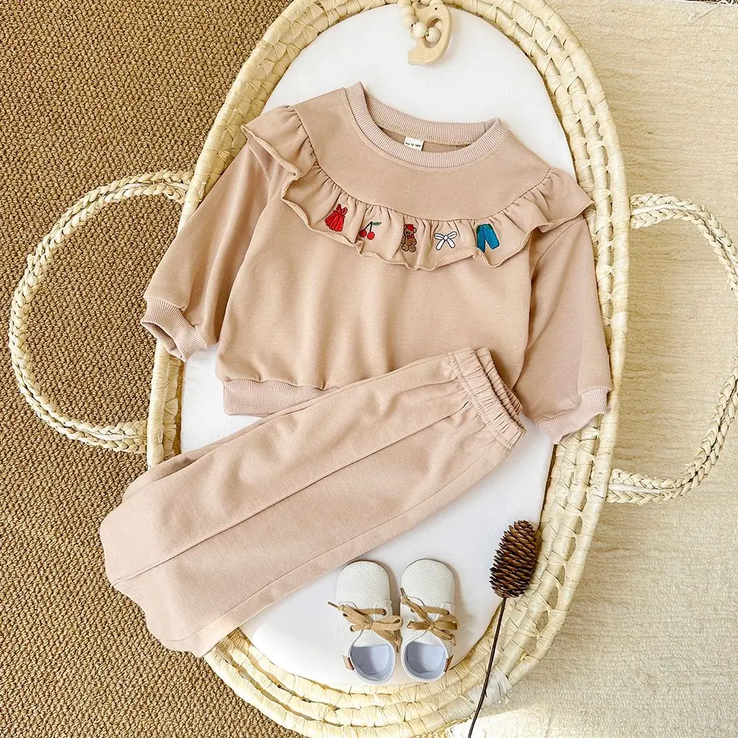 Baby Girl Clothes Set Fall Long Sleeves Doll Collar Pullover+Pants Embroidery 2PCS Cotton Stylish Newborn Baby Clothing Set