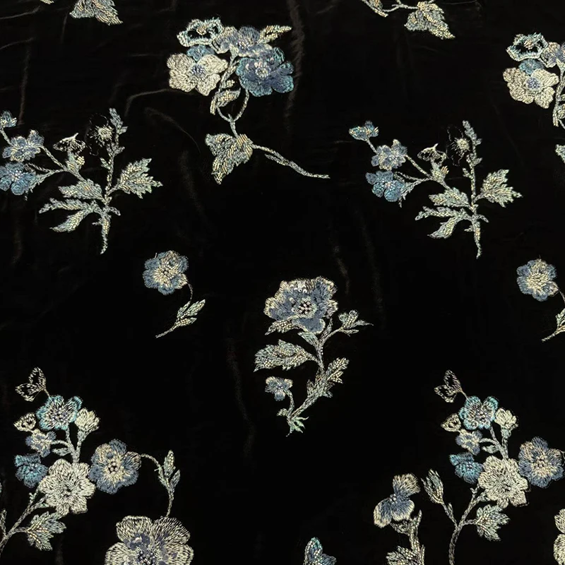 135CM Wide Purple Blue Floral Beaded Embroideried Velour Silk Fabric for Dress Jacket Black Velvet Fabric for DIY Sewing R7169