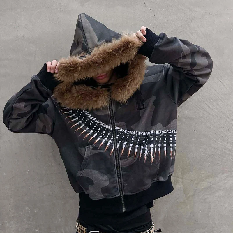 

Hip Hop American Plush Hoodie Sweatshirt Personalized Printed Street Unisex Zipper Loose Cardigan Coat