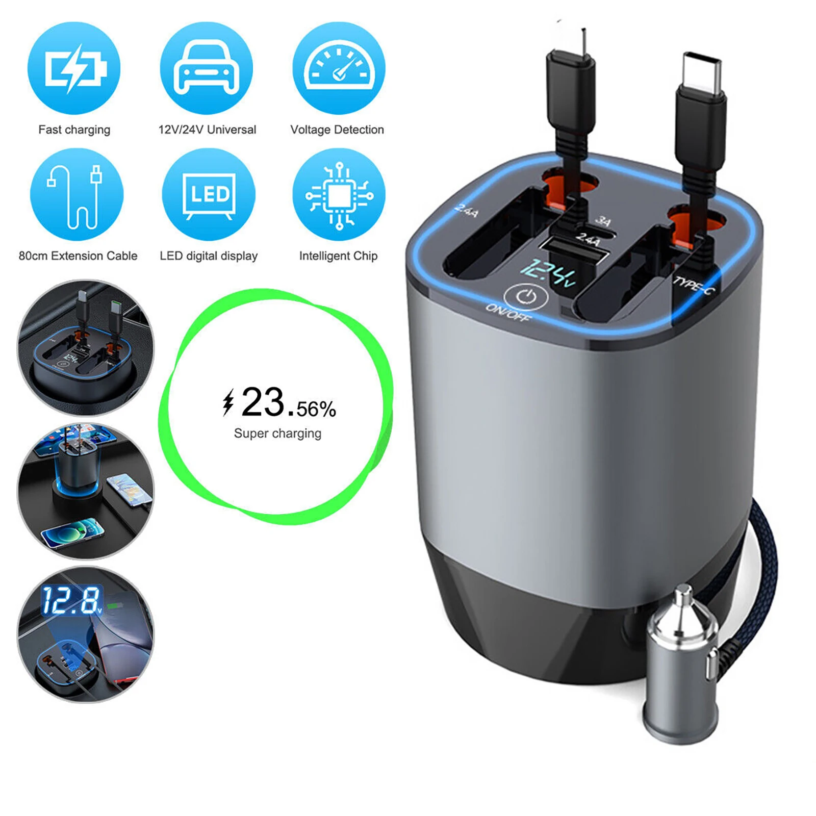 100W 4 in 1 Retractable Car Charger USB Type-C Cable For Phone Fast Charge Cord Cigarette Lighter Adapter With Voltage Display