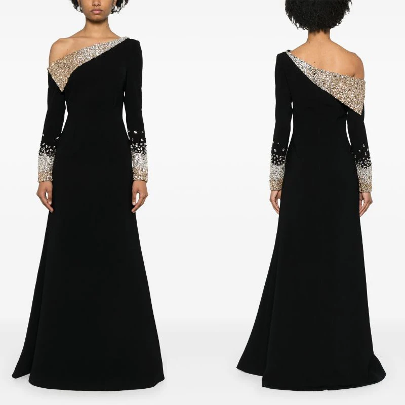 2253 Black Long Sleeves Crepe Beaded Mermaid vestidos de noche vestidos de galaevening dresses فستان العيد