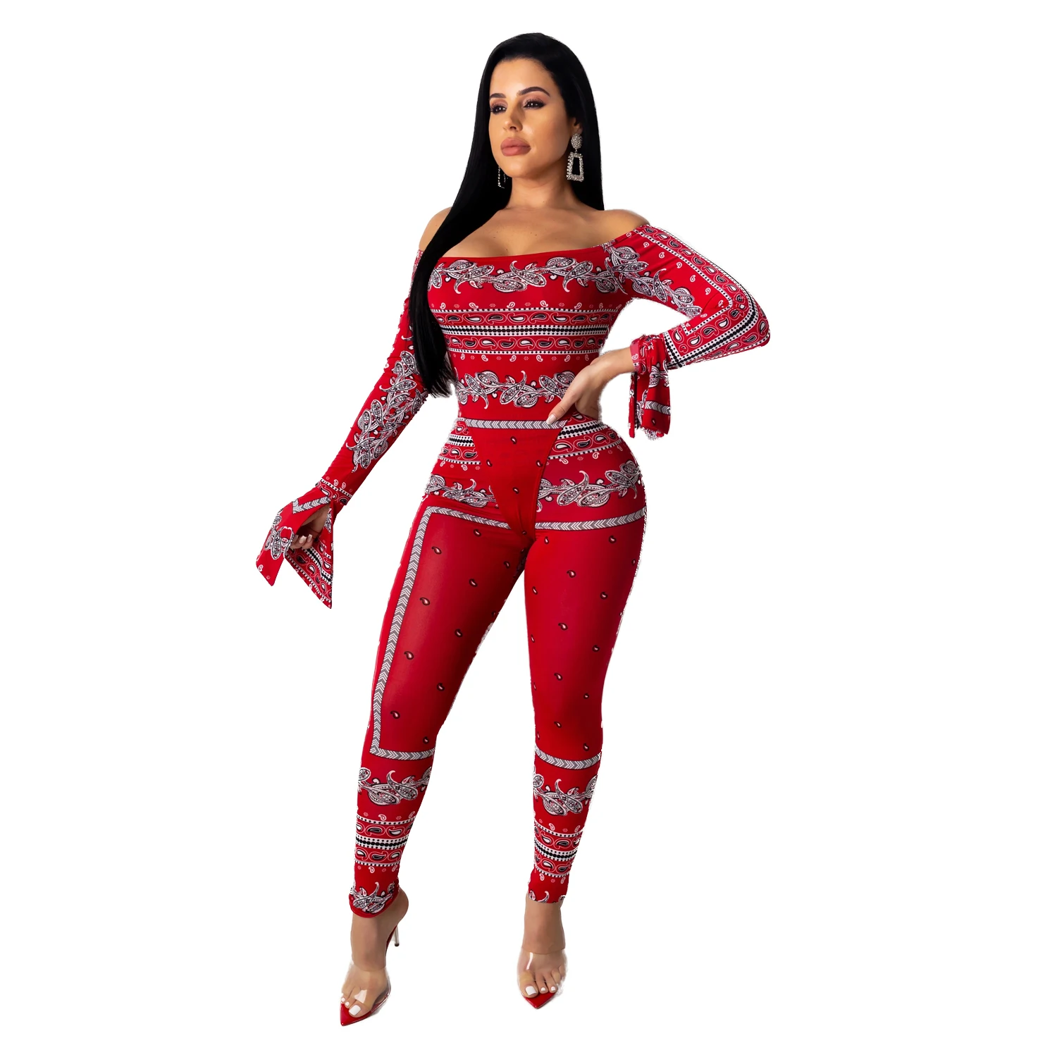 Women's Sets Red Floral Print Off-Shoulder Jumpsuit Tight Elastic Nightclub Floral Playsuits Tops+Pants Autumn Outfits