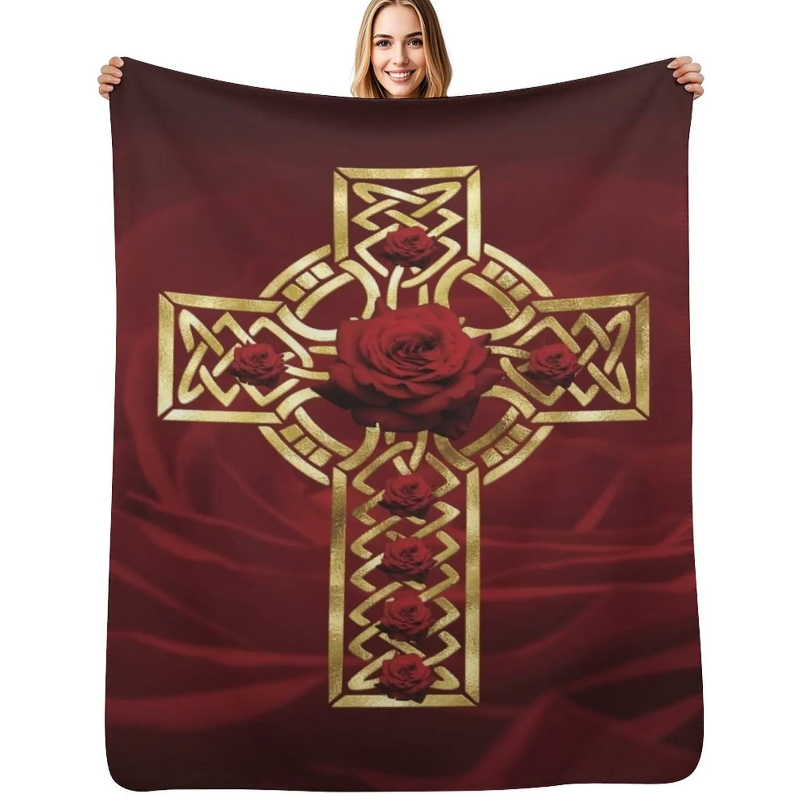 Red Rose Magdalene Cross Throw Blanket Multi Use Warm Blanket for Living Room Bedroom