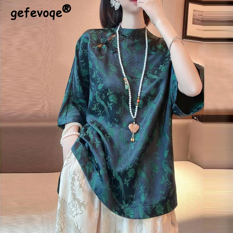 2024 Women Vintage Chinese Style Button Silk Blouses High Quality Elegant Stand Collar Shirts Hollow 3/4 Sleeve Loose Tunic Tops