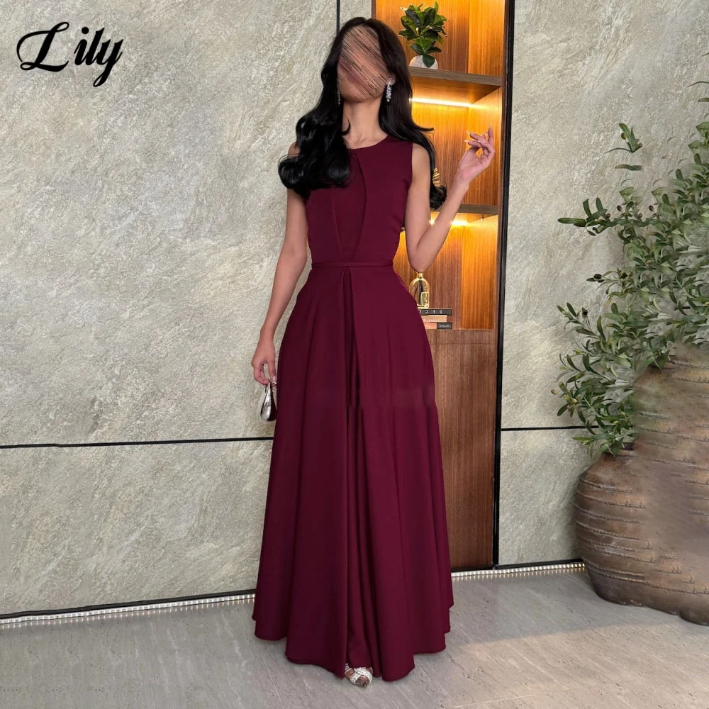 

Lily Burgundy Prom Dresses O-Neck Satin Gala Dress Sleeveless A-Line Simple Celebrity Dress with Pleats Evening Dress Customized