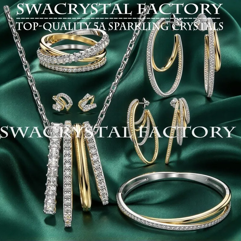 Hyperbola Two-tone CZ Jewelry Set for Women Intertwined Paved Luxury Necklace Hoop Earrings Bangle Ring Elegant Anniversary Gift