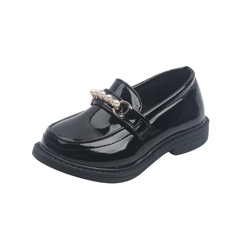 Children\'s Leather Shoes For Girls School Party Wedding Kids Black Loafers Slip-on Flats Fashion Pearls Beading Dress Shoes