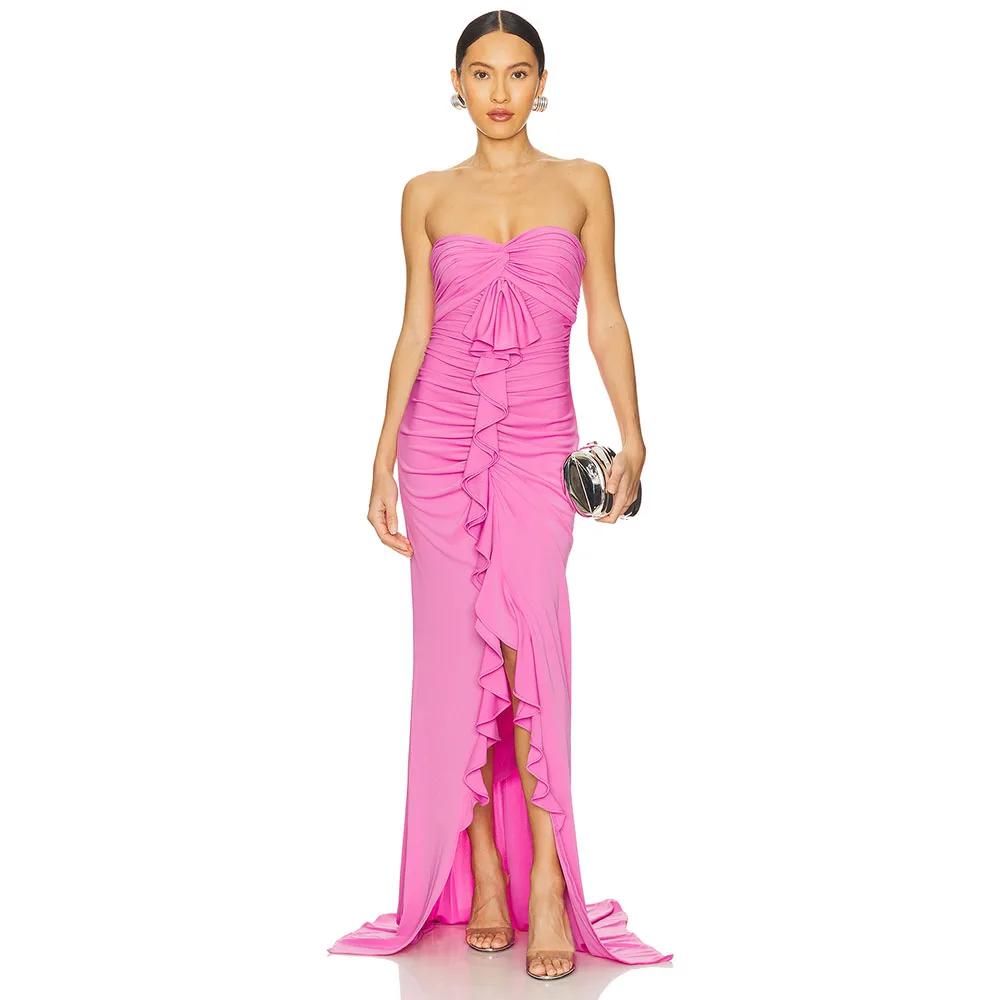 Vestido de noche rosa elegante sin tirantes con volantes vestido de fiesta Formal hasta el suelo vestido de fiesta sin mangas plisado trompeta para mujer