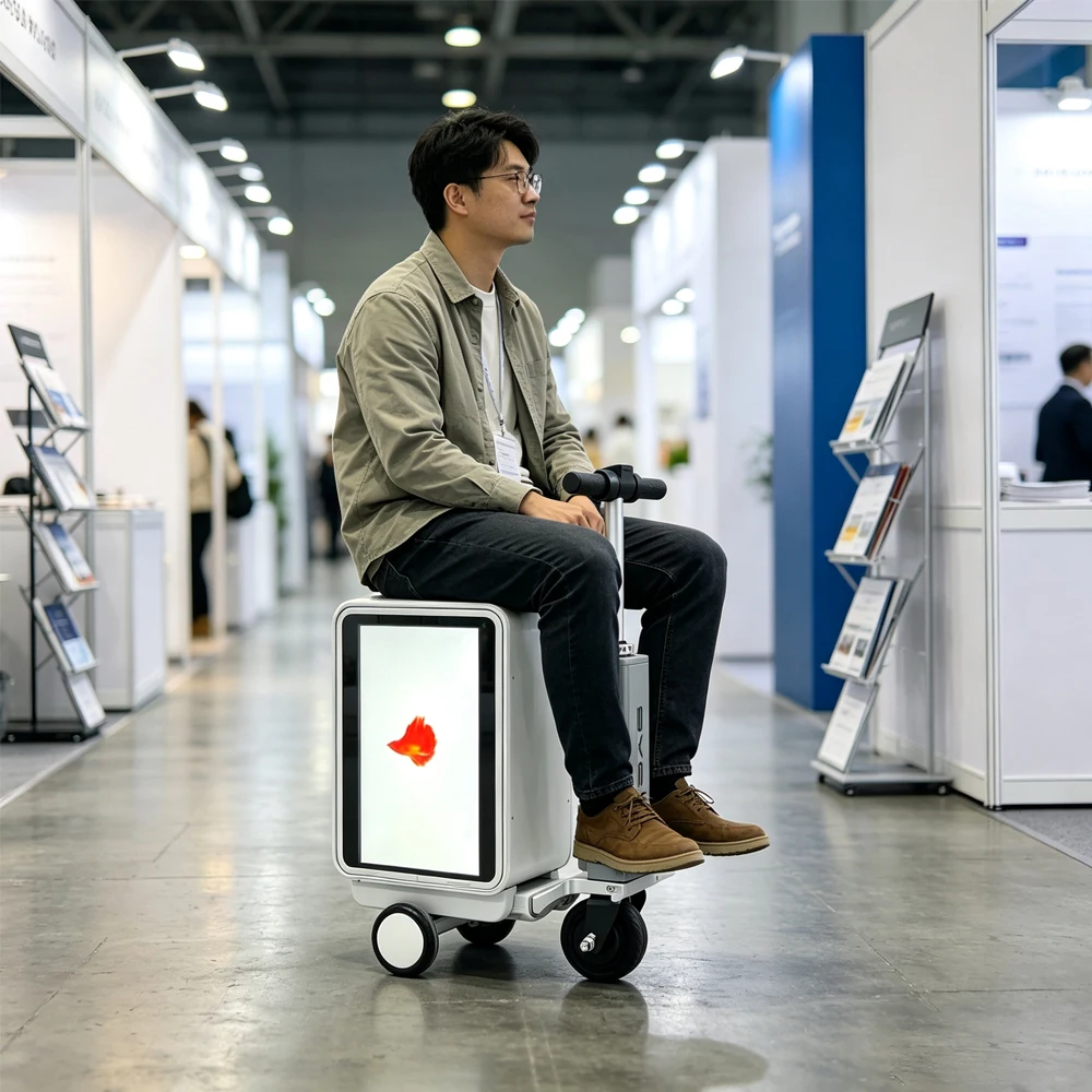Mini-LCD Advertising Display Rideable Adult Electric Carry Luggage Box with Floor Stand Mount Outdoor Use