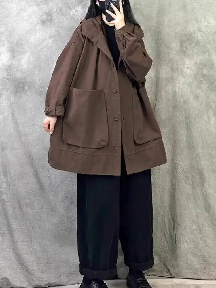 2025 Spring Women's Basic Trench Coat  Full Cotton Hooded Plus Size Petite British Workwear Outerwear