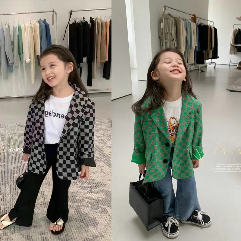 Girls Outerwear 2026 Spring Summer New Korean Checkerboard Casual Suit Jacket with Fashionable Temperament Daily Wear