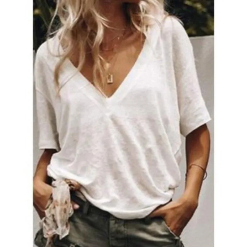 Explosive new deep V-neck short sleeve solid color casual T-shirt blouse