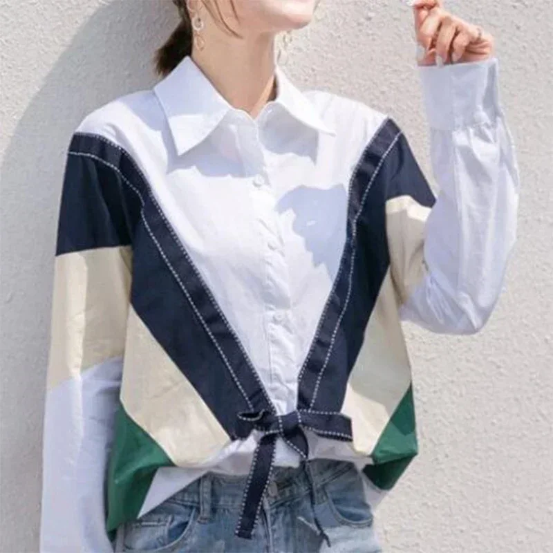 

Spring Autumn New Korean Style Polo-neck Fashion Patchwork Bow Elegant Shirt Top Women Sweet Long Sleeve All-match Casual Blouse