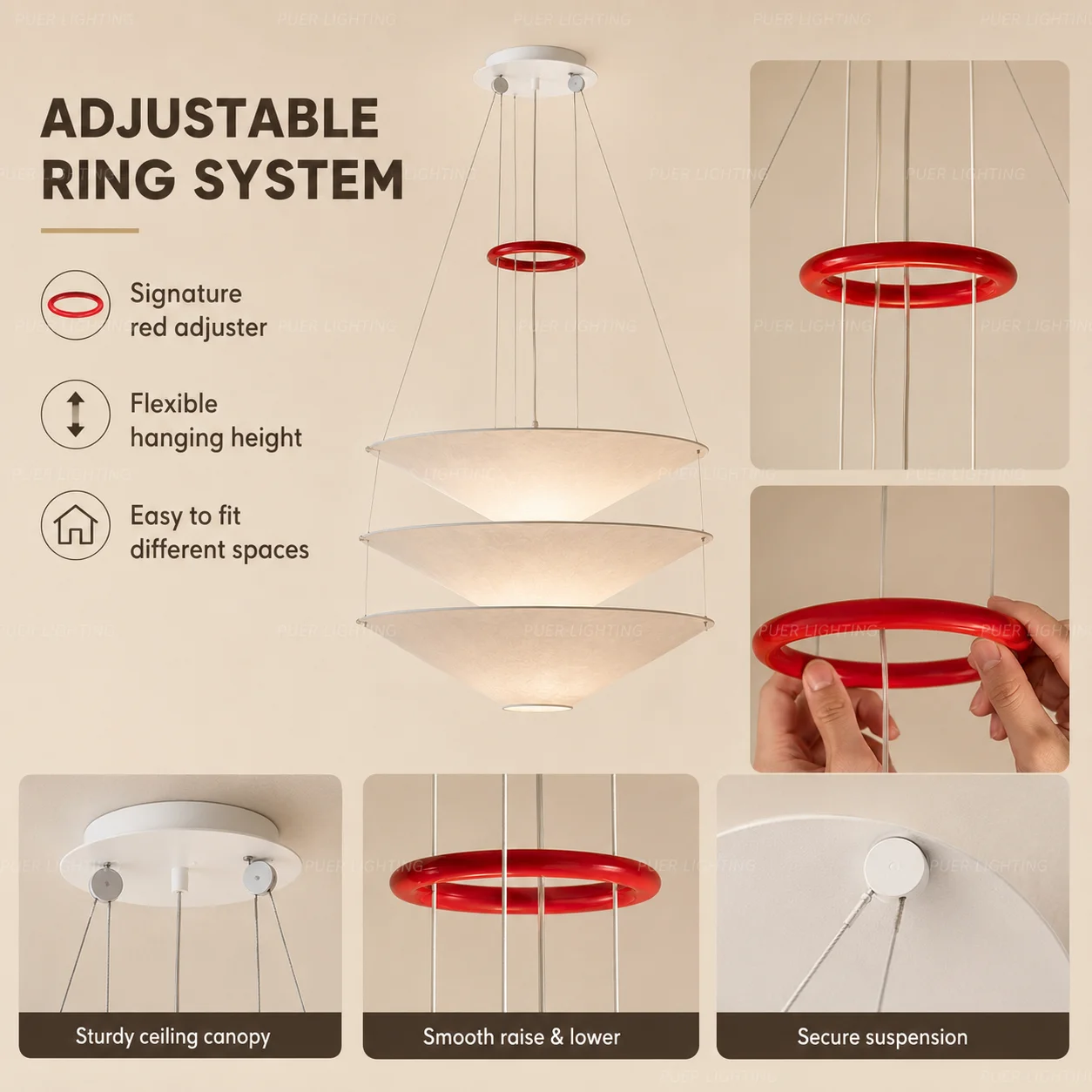 3-Layer Dupont Paper Chandelier Wabi Sabi French Vintage Lift Suspension Pendant Light Living Dining Room Decor Lighting