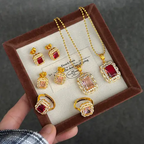Classic & Timeless Diamond & Gem Inlaid Necklace Earrings Ring For Women 24K Gold AU999 | Grand style, enduring fashion