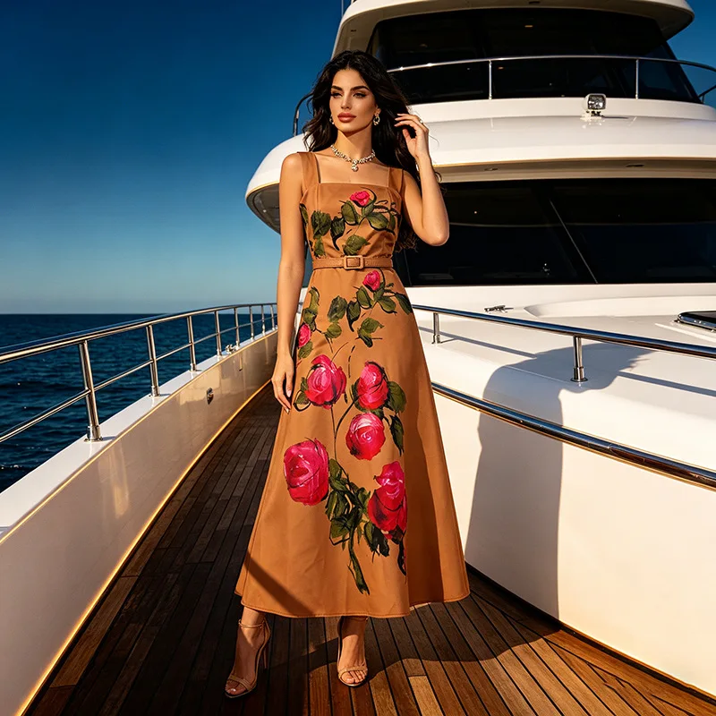 

Spring Summer Women's French Printed Sling Maxi Dress Belted Dresses Elegant Evening Party Gown Outfits