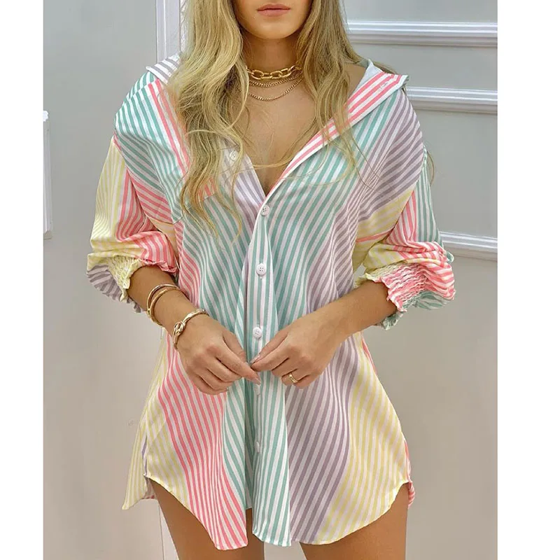 

2025 New European and American Summer Long Sleeve Hug V-neck Button Striped Shirt for Women