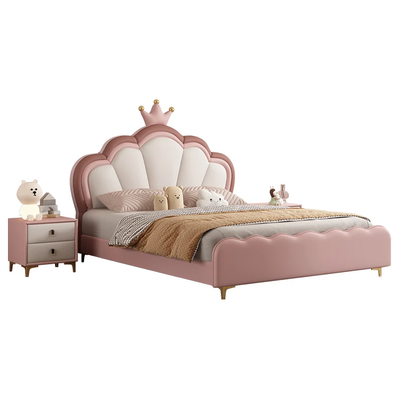 Pink crown solid wood children's bed modern double  simple leather  light luxury master bedroom