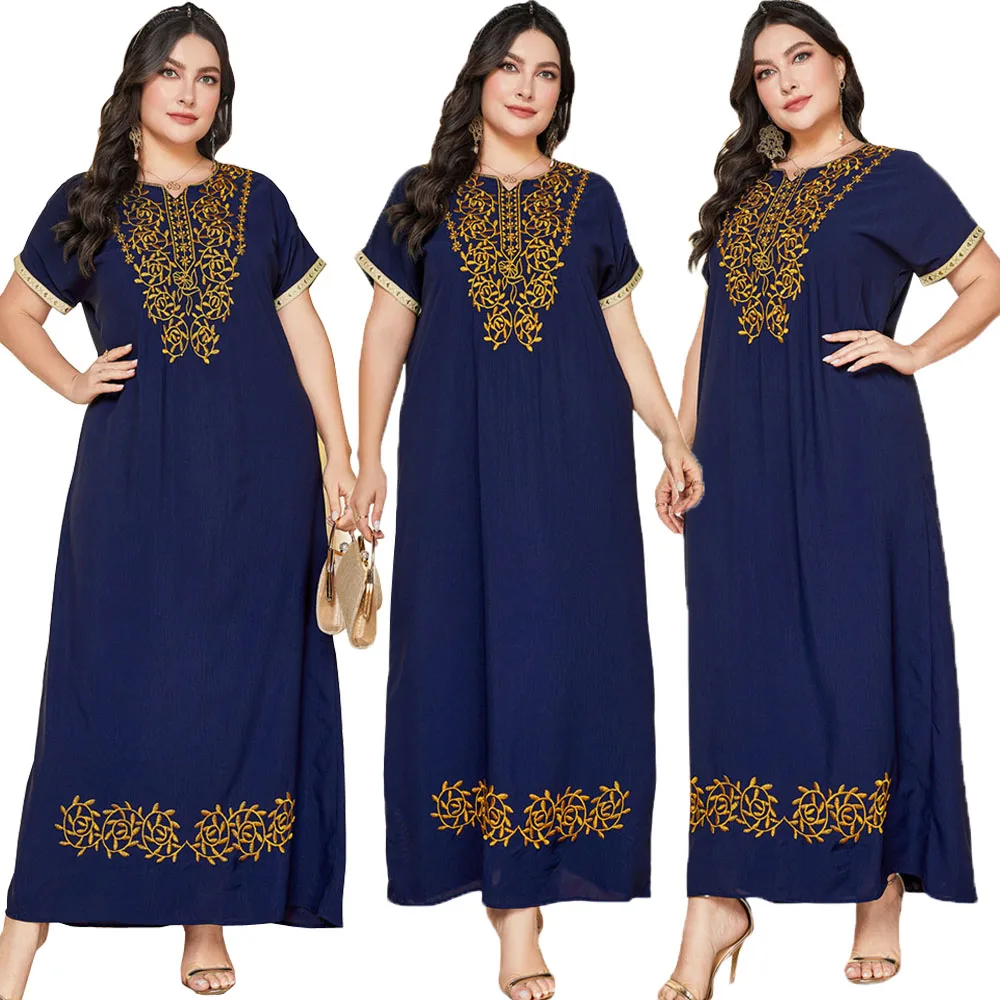 Plus Size Arab Women Ethnic Embroidery Abaya Kaftan Short Sleeve Floral Robe Dubai Party Gown Muslim Islamic Casual Long Dress