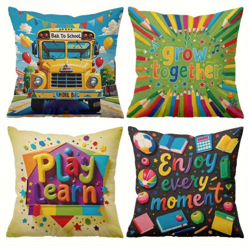 Set of 4 Printed Pillow Covers for Nursery Kids Back to School Educational Decorative Throw Cushion Learning Theme Decor