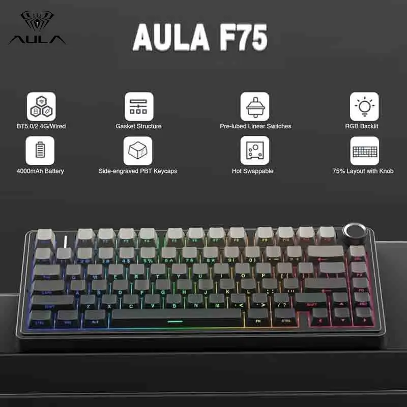 AULA F75 Gaming-Tastatur, mechanische Tastatur, 2,4 G, kabellos/Bluetooth/kabelgebunden, RGB,