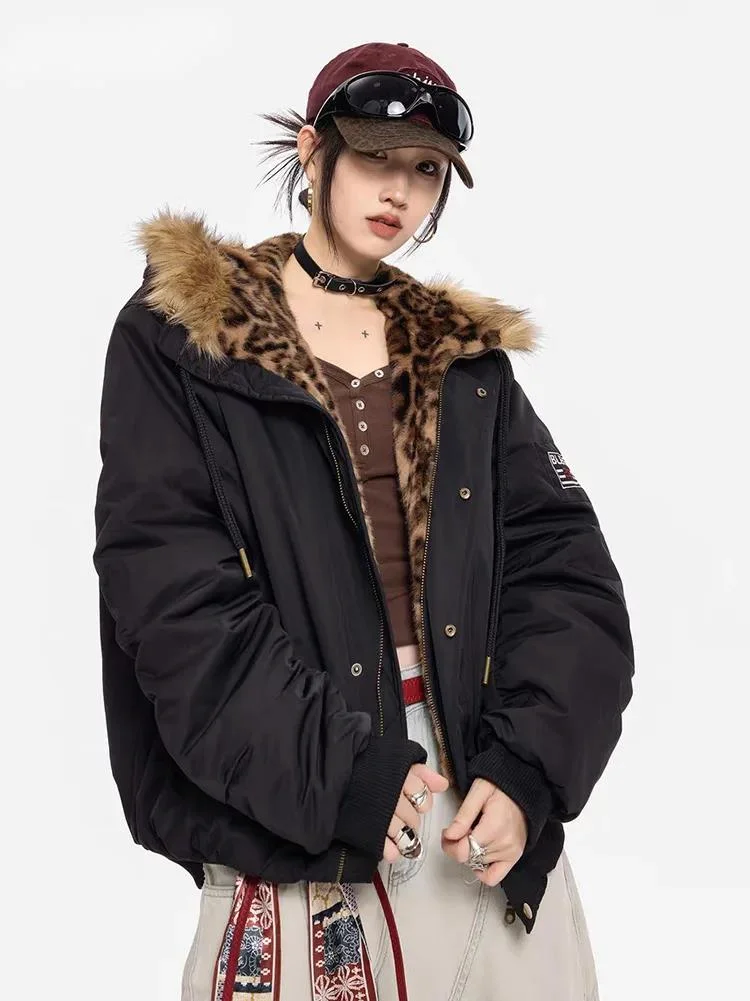 

Fashion Black Cotton-padded Coat Women's Plush Leopard Hooded Zipper Thick Quilted Jacket Winte EC9I