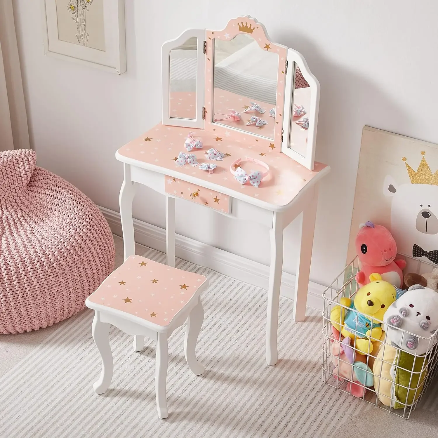 Table and Chair Set, Girls Vanity Set with Stool, Tri-Folding Mirror, Makeup Dressing Princess Table with Drawer for Little Girl