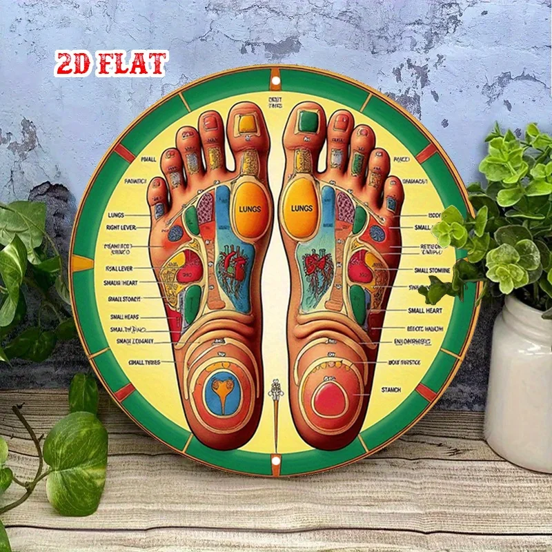 Reflexology Chart & Foot Health Diagram /  Round Aluminum Sign with Reflexology Zones, Points / Rustic Metal Wall Art