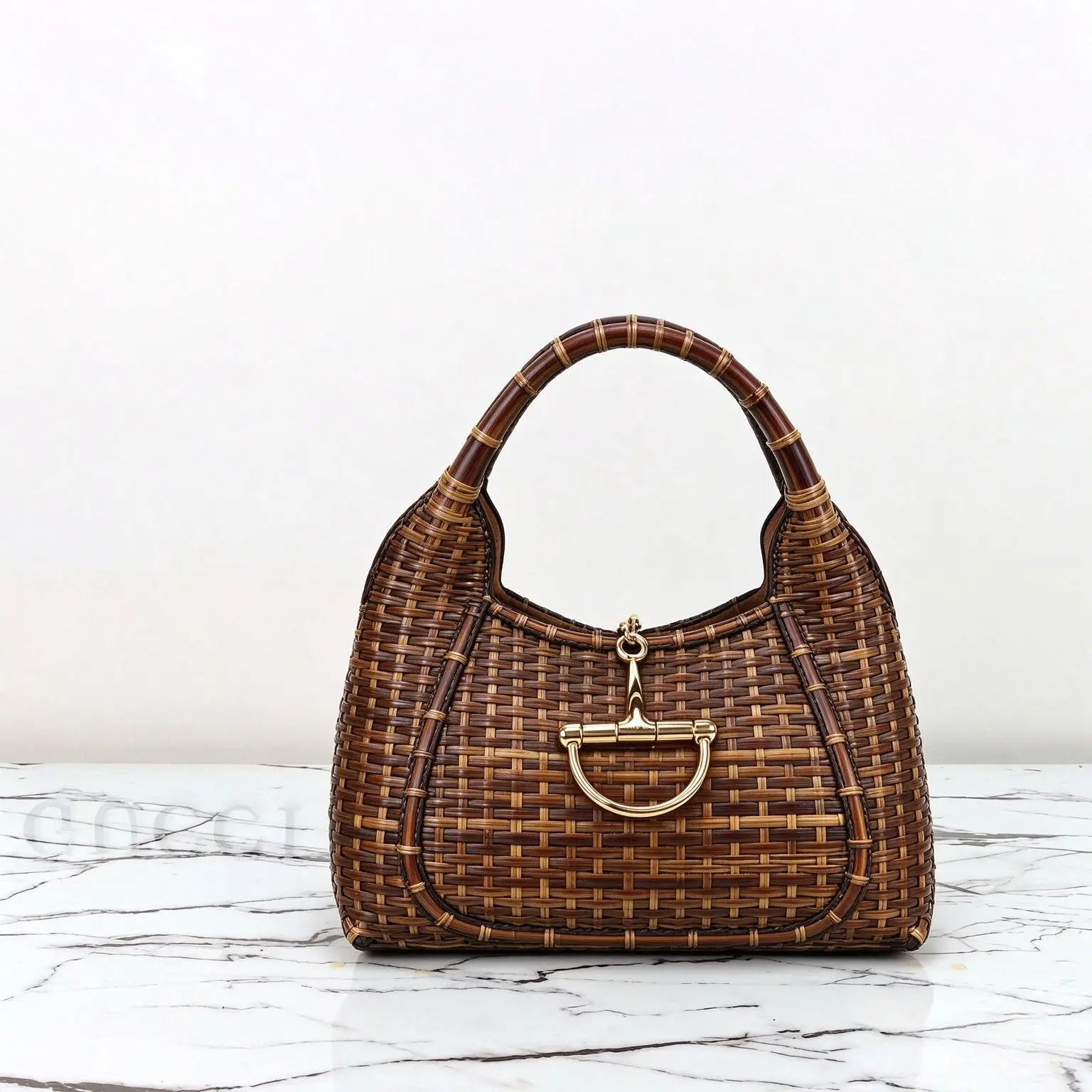 Summer Rattan Woven Top Handle Tote Bag Women Natural Wicker Contrast Weaving Bag Bamboo Handle Large Capacity Daily Handbag