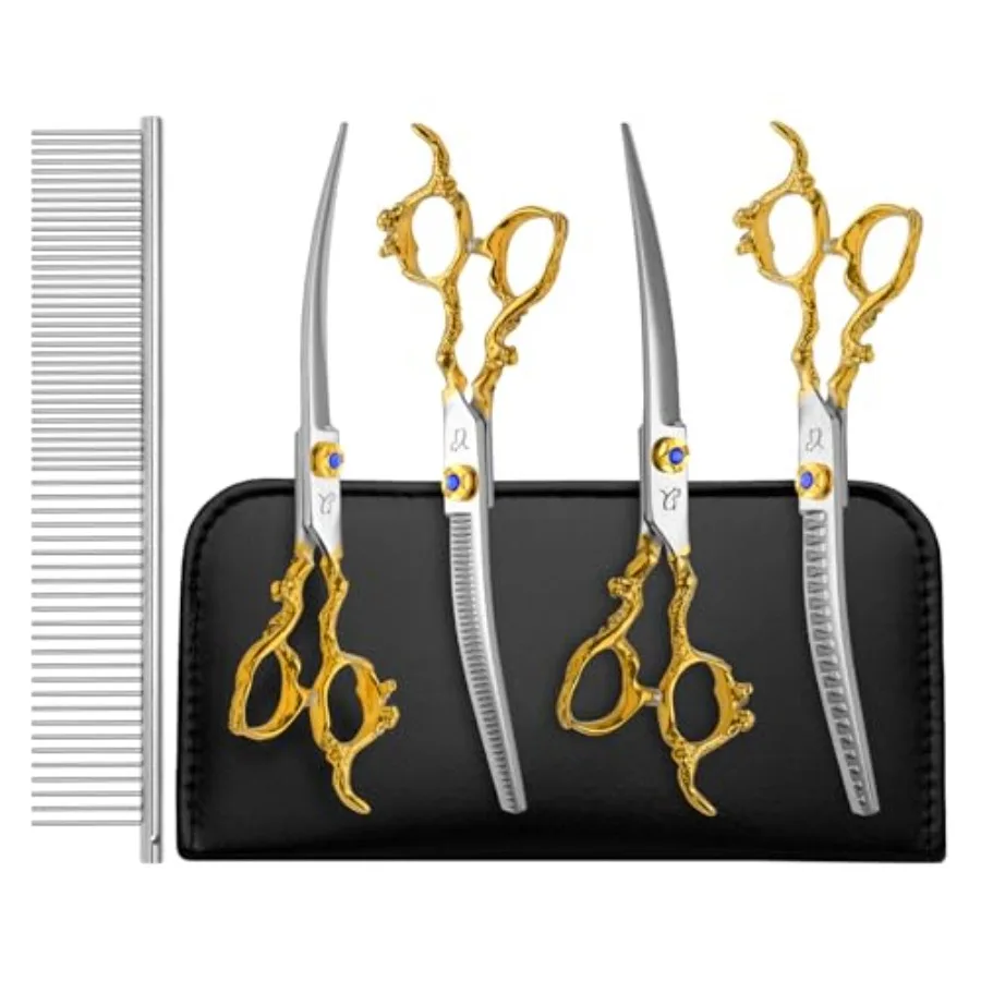 

Dog grooming scissors for professional use, stainless steel, silver, dragon curved chunkers and thinning shears with safety rou