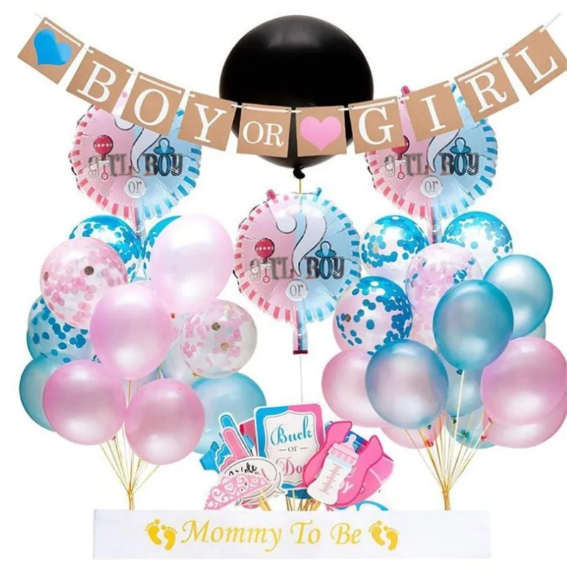 

Gender Reveal Party Decorations Supplies Cake Topper Boy or Girl Banner Mom To Be Sash and Boy Or Girl Foil Balloons Photo Props