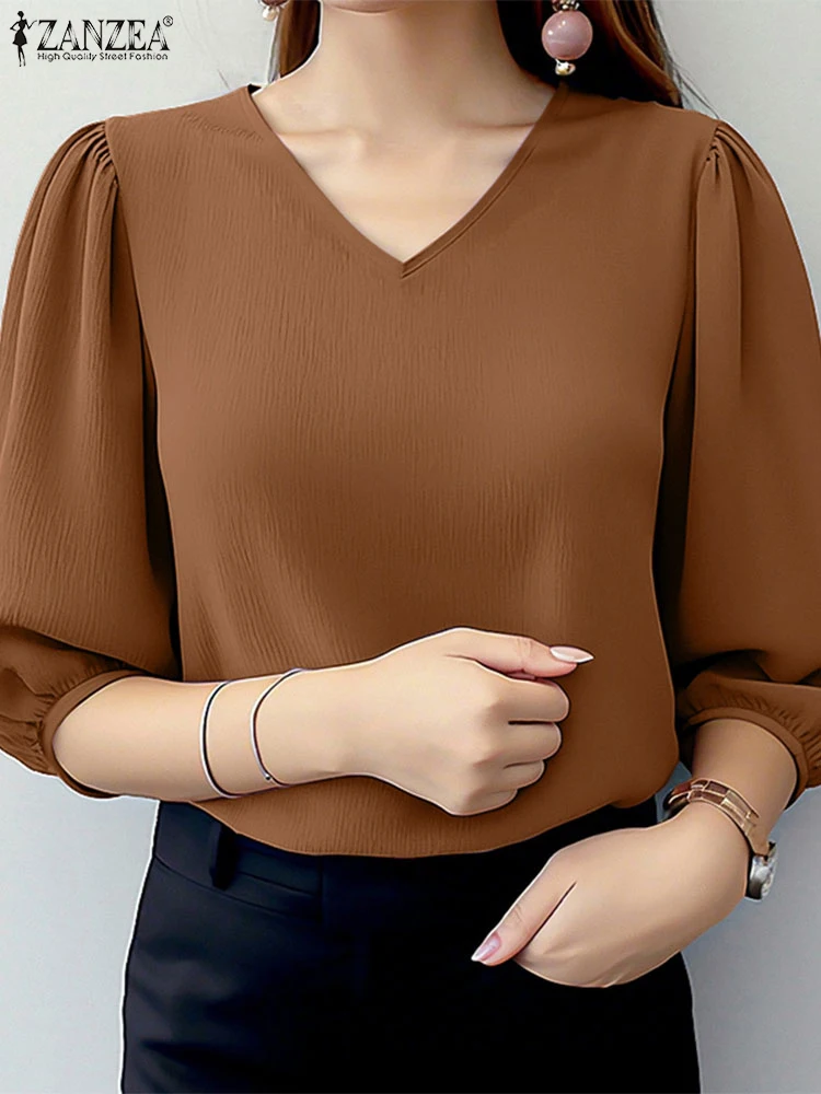 

ZANZEA Day Wear Crinkled Texutre Tops Solid Color V-Neck Elegant 3/4 Puff Sleeve Blouses Woman 2025 Summer Casual Blusas Mujer