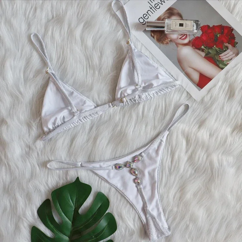 Swimsuit Three-Point T-Back Bikini Sexy Shiny Hot Silver Crystal Swimsuit