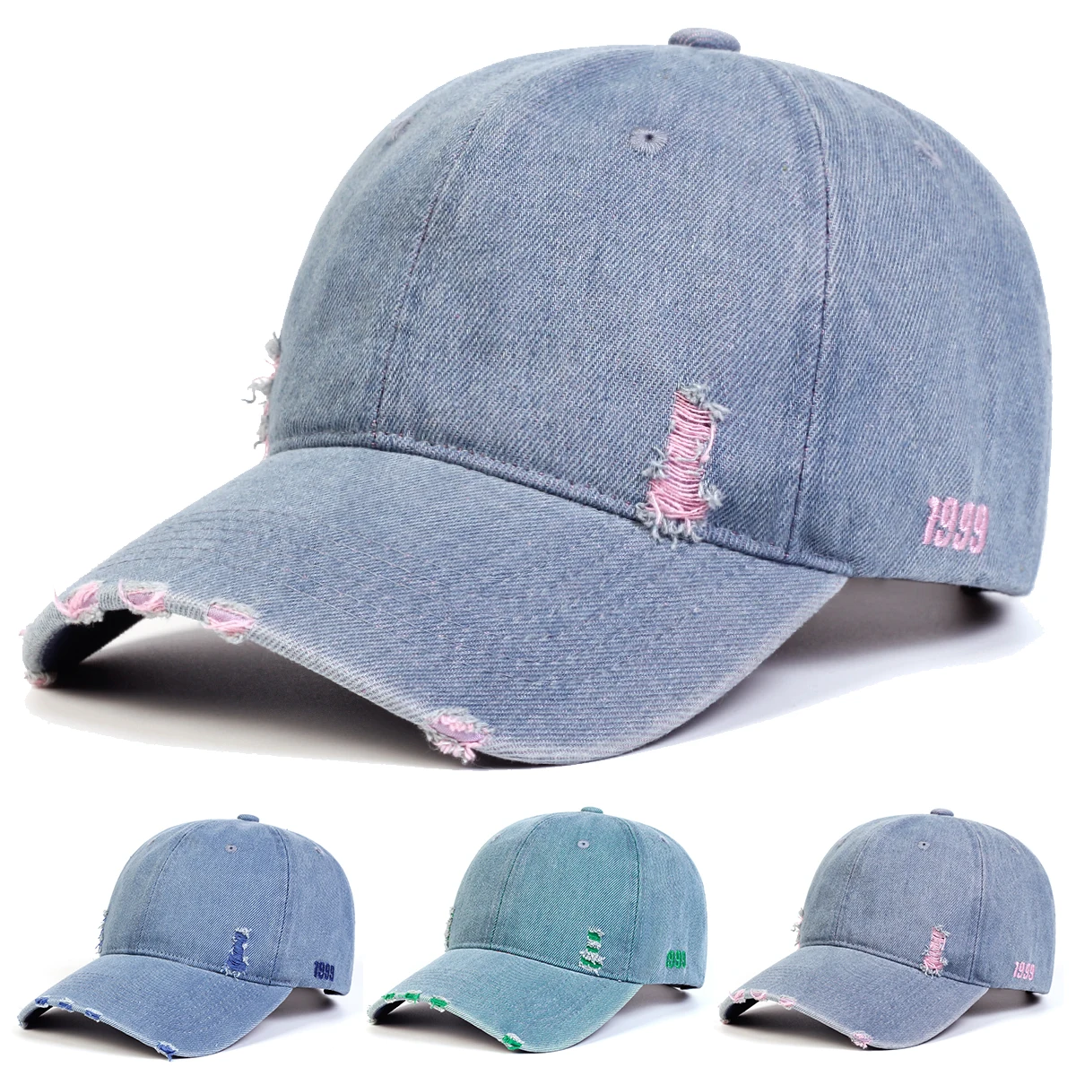 Unisex Side 1999 Embroidery Denim Water Washed Baseball Caps Spring and Autumn Outdoor Adjustable Casual Hats Sunscreen Hat