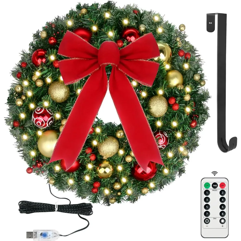 

Prelit Christmas Wreath with Remote 50 Warm White LED Balls Ornaments Bow Hanger for Front Door Decor
