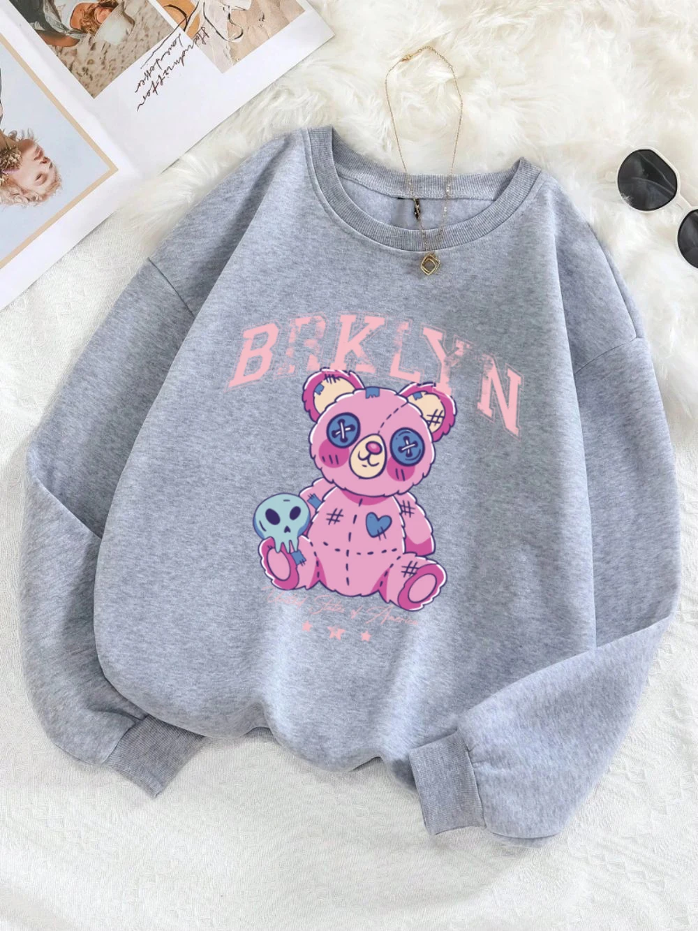 Brooklyn Sweatshirts Womens Kawaii Bear Printed Hoodies Crewneck Loose Fleece Warm Tops Winter Casual Comfortable Woman Clothes