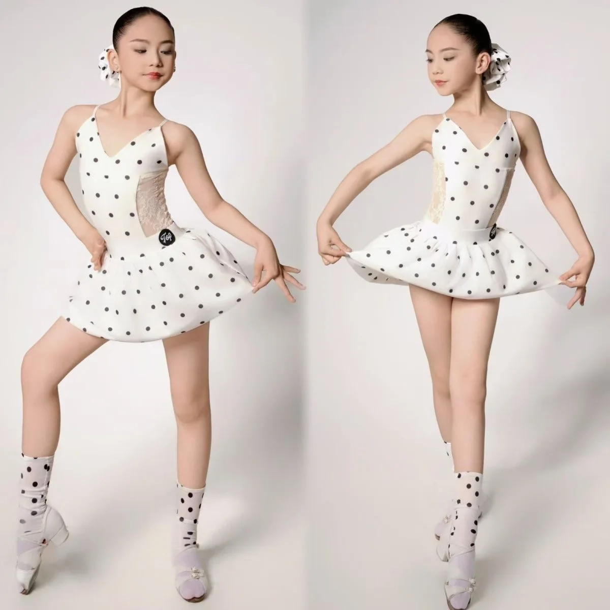 白いスカート水玉模様のバレエガール服ノースリーブ-	-バレエ衣装-女性競技用ダンス衣装-女の子ステージ衣装