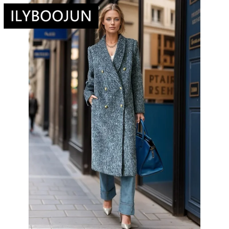 

ILYBOOJUN Solid Temperament Long Coat For Women V Neck Long Sleeve Spliced Double Breasted Loose Minimalist Coats Female New