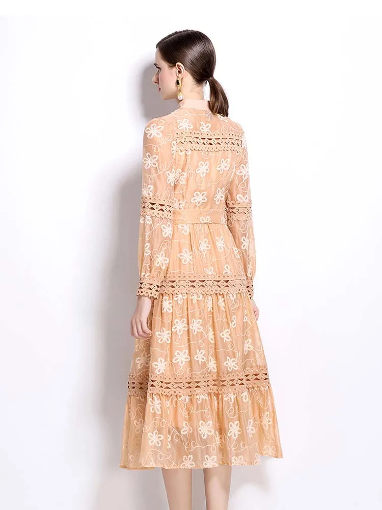 Elegancka sukienka koszulowa z kwiatowym haftem z szarfami damska z długim rękawem koronkowa patchworkowa sukienka Midi drążą 2025 lato 5D085