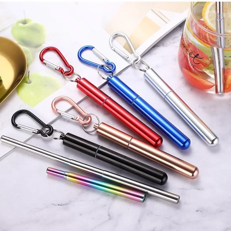 Portable Stainless Steel Silicone Telescopic Drinking Straw Camping Travel Straw Reusable Straw With 1 Brush And Carry Case